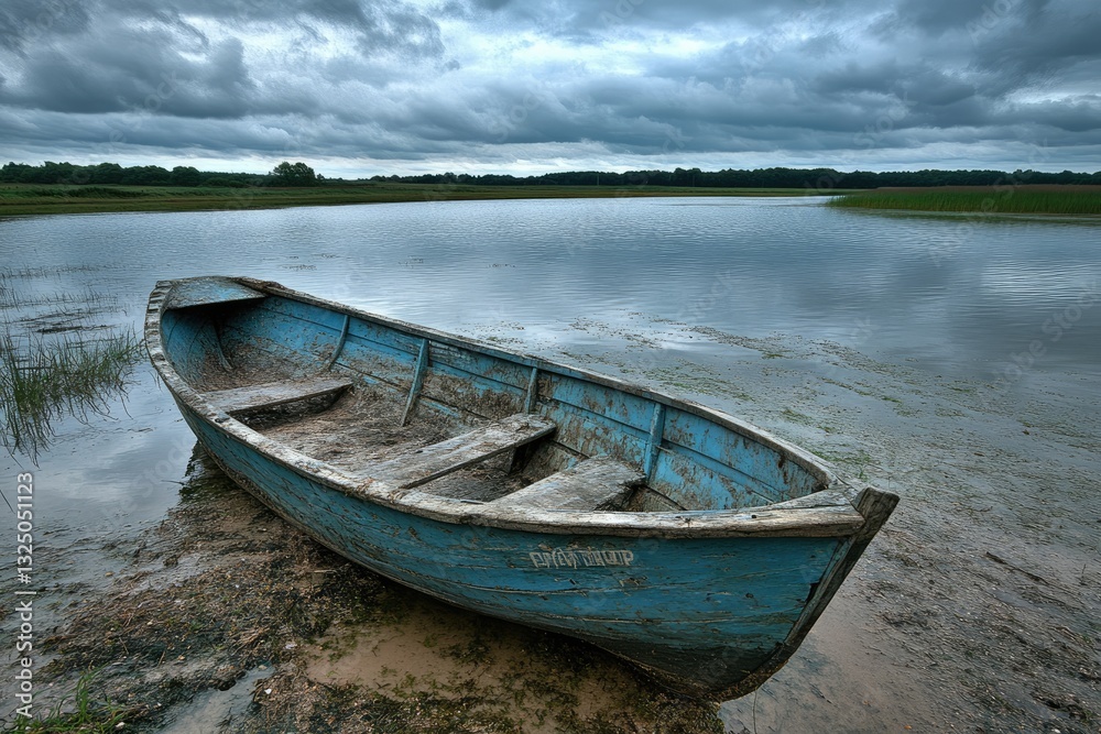 Abandoned blue wooden boat on tranquil lake shore under stormy sky Abandoned blue wooden boat on tranquil lake shore under stormy sky