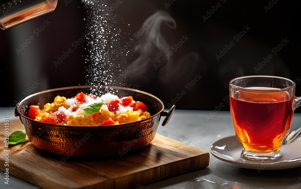 Fototapeta premium Warm Dish with Fresh Vegetables and Tea on Table
