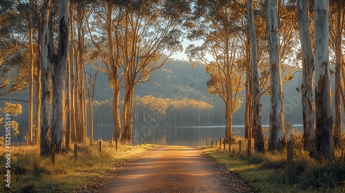 Golden Sunlight Path Through Eucalyptus Trees to a Lake