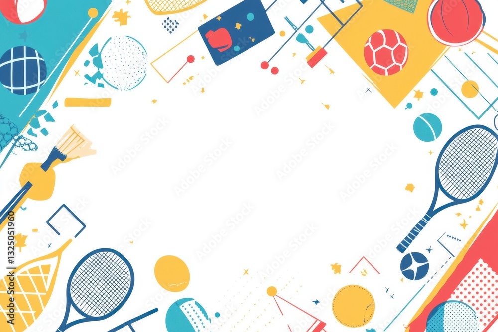 Obraz premium Abstract background with sports elements, flat design style, illustration on a white background, colorful geometric shapes sports equipment icons such as a tennis ball, badminton racket Generative AI