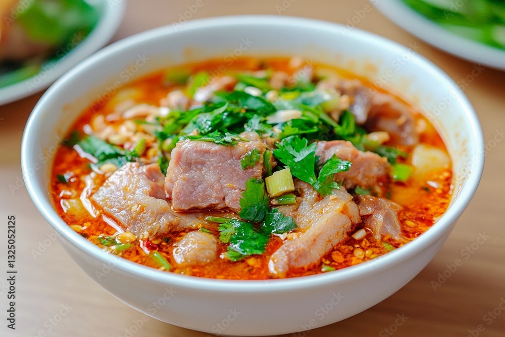 A steaming bowl of spicy noodle soup features tender pieces of pork, topped with fresh cilantro and scallions. The vibrant broth is rich and aromatic, inviting taste A steaming bowl of spicy noodle soup features tender pieces of pork, topped with fresh cilantro and scallions. The vibrant broth is rich and aromatic, inviting taste