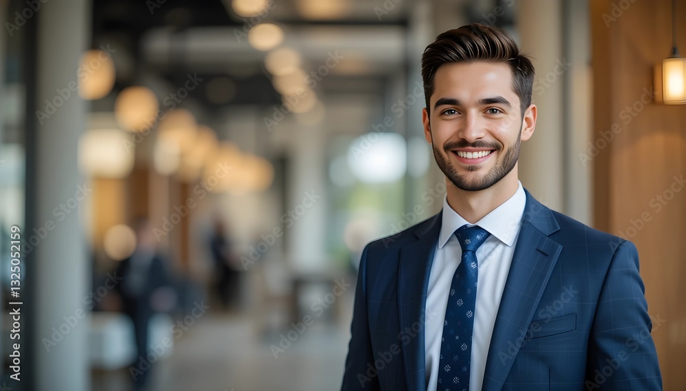 Portrait of a confident and handsome young businessman in a suit, smiling and looking professional in an office setting Portrait of a confident and handsome young businessman in a suit, smiling and looking professional in an office setting