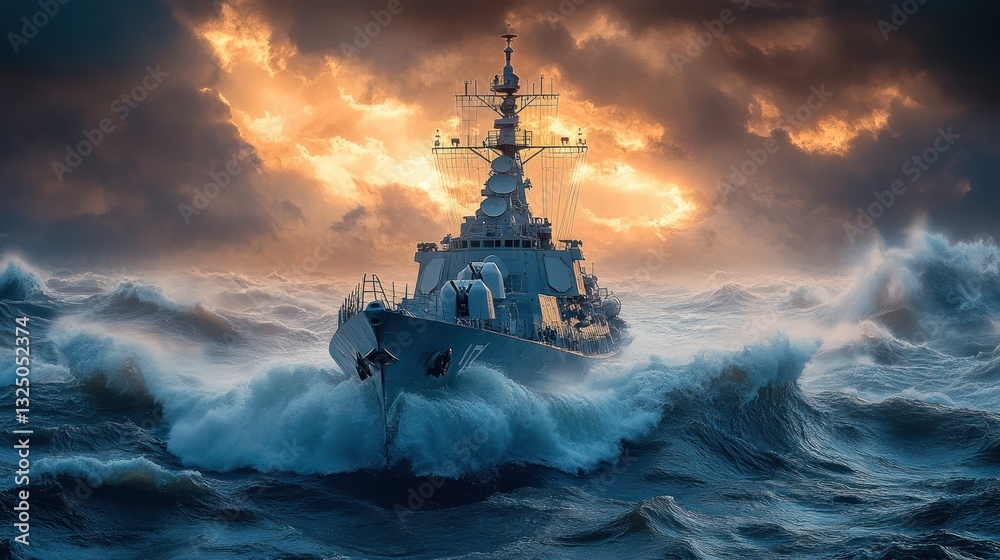 Obraz premium A military navy destroyer sailing through rough seas, dramatic lighting