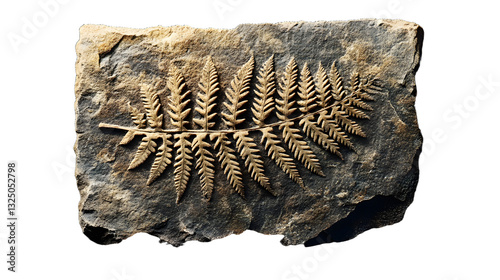 Ancient fossil, fern plant imprint in stone, vector archaeology and paleontology science. Cartoon prehistoric rock with relief print or trace of fern leaves silhouette. Ancient geological age fossil
