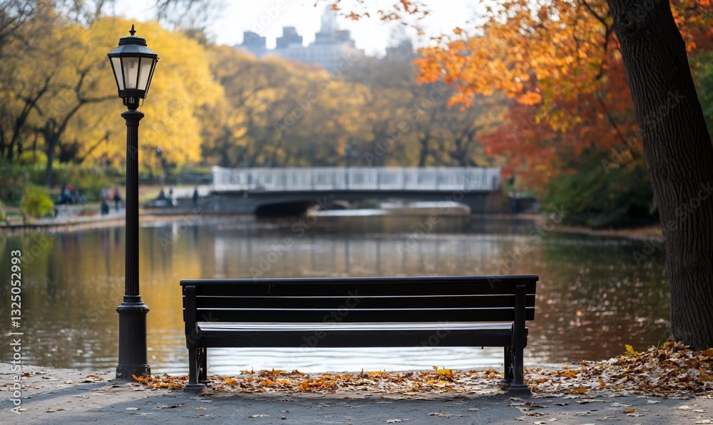 Tranquil Autumn Park Scene with Bench and Water Tranquil Autumn Park Scene with Bench and Water