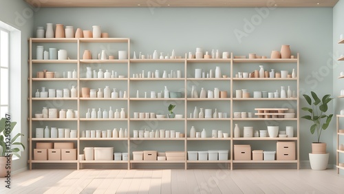 A light-filled room showcases a stylish wooden shelving unit brimming neatly organized, pastel-toned containers jars.
