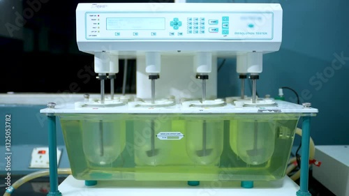 tablet dissolution test apparatus working condition close up. a scientific instrument dissolving tablets in a science instrumentation chemistry laboratory. tablet dissolving machine	