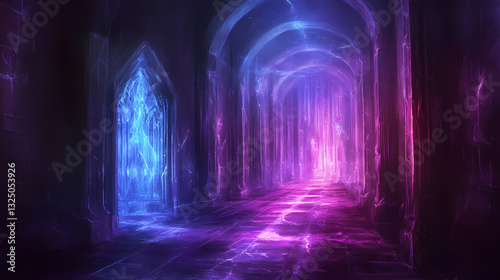 Winding passageway lined with iridescent panels and softly pulsing light, dreamy ambiance, mystical atmosphere, glowing panels. Iridescent Pulse. Illustration
