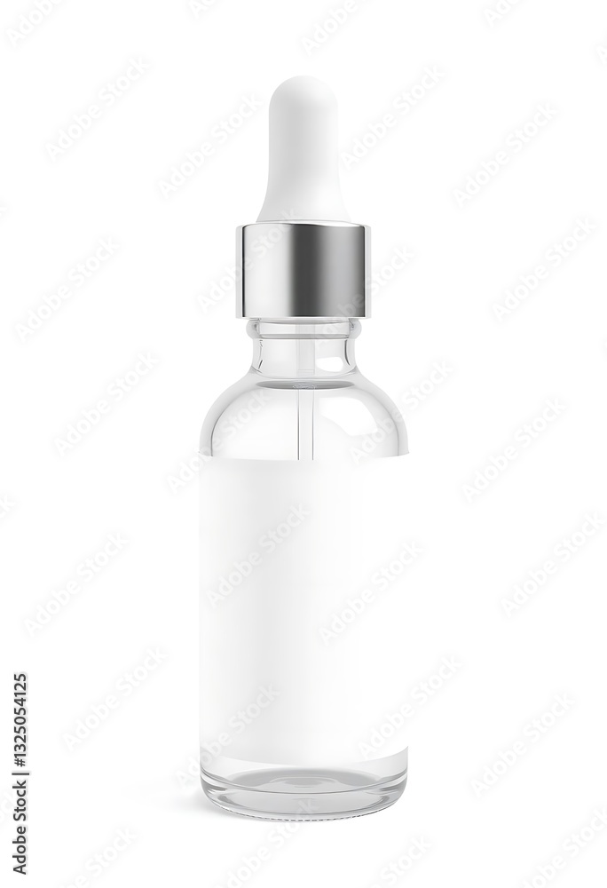 A clear dropper bottle with a blank label and a sleek silver cap, designed for showcasing serums, essential oils, or skincare products. The minimalist design is clean and modern, isolated on a white A clear dropper bottle with a blank label and a sleek silver cap, designed for showcasing serums, essential oils, or skincare products. The minimalist design is clean and modern, isolated on a white