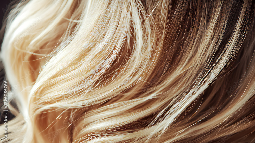Naklejka premium An enchanting cascade of golden hair gently flows, illuminated by soft, dreamy light. A moment of serenity captured.