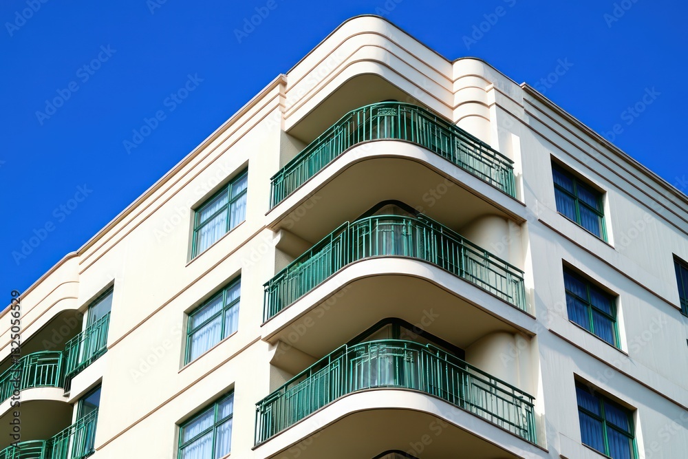 A striking apartment building in Art Deco style with ivory exterior walls and forest green metal balconies A striking apartment building in Art Deco style with ivory exterior walls and forest green metal balconies