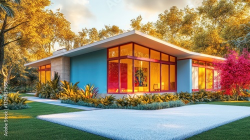 A striking mid-century modern dwelling with an exterior of powder blue and scarlet red accents