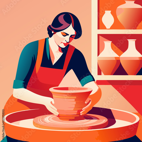 Woman shaping clay on pottery wheel in stylized retro tones evokes craft and artistic patience. Concept: art therapy visual, handmade business promo, craft school ads.