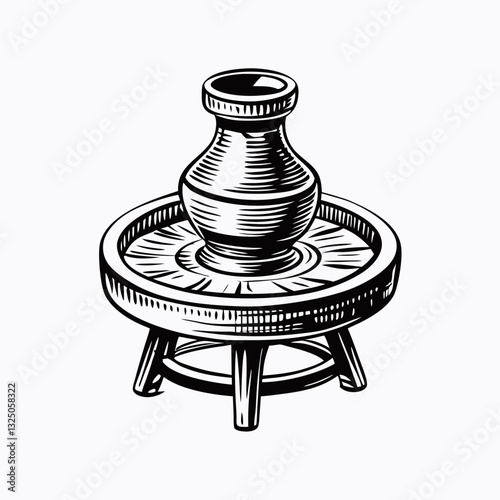 Pottery wheel icon with shaped vase in black vector silhouette, symbol of craft and creation. Concept: artisan logo, ceramic workshop design, creative tools branding.