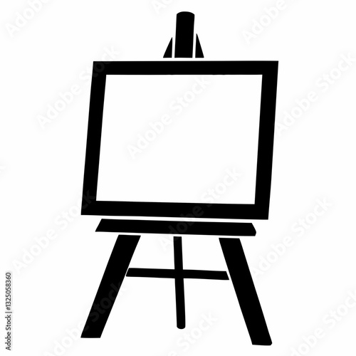 Easel with blank canvas illustration presents artistic potential awaiting creativity. Simple black and white minimalist graphic with clean lines looking empty space. Concept art studio, painting class
