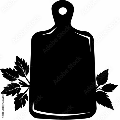 Cutting board with fresh parsley sprigs arranged stylishly on sides. Minimalist black and white kitchen illustration perfect for recipe presentation. Concept: culinary arts, recipe blogs, organic food