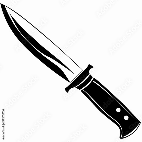 Hunting knife displays sharp blade with detailed handle and rivets. Black and white graphic  for outdoor enthusiasts looking at weapon details. Concept: hunting gear, survival equipment , cutlery shop