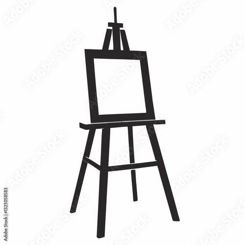 Easel with canvas frame in clean black silhouette evokes art class setting and painting setup. Concept: art school branding, painting course promo, creative tools catalog.