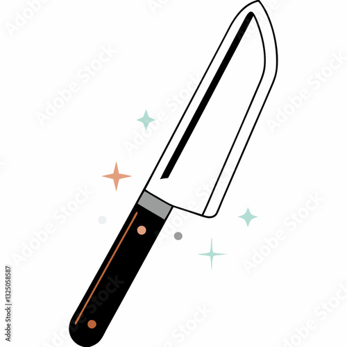 Chef's knife gleams with stylized sparkles highlighting sharp blade quality. Dark handle with metallic rivets contrasts against light gray cutting edge Concept culinary equipment, professional cooking