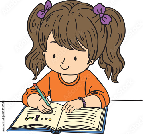 a young girl writing in her notebook with a happy and focused expression. A charming scene promoting education, creativity, and concentration. Perfect for children’s activity books