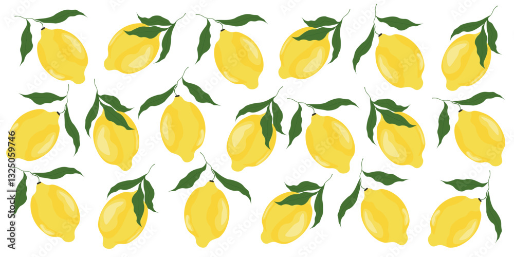Seamless fruit pattern with lemons and leaves. Citrus tropical pattern Texture for design and printing on textiles, wallpaper, packaging paper, fabric.
Vector illustration. Seamless fruit pattern with lemons and leaves. Citrus tropical pattern Texture for design and printing on textiles, wallpaper, packaging paper, fabric.
Vector illustration.