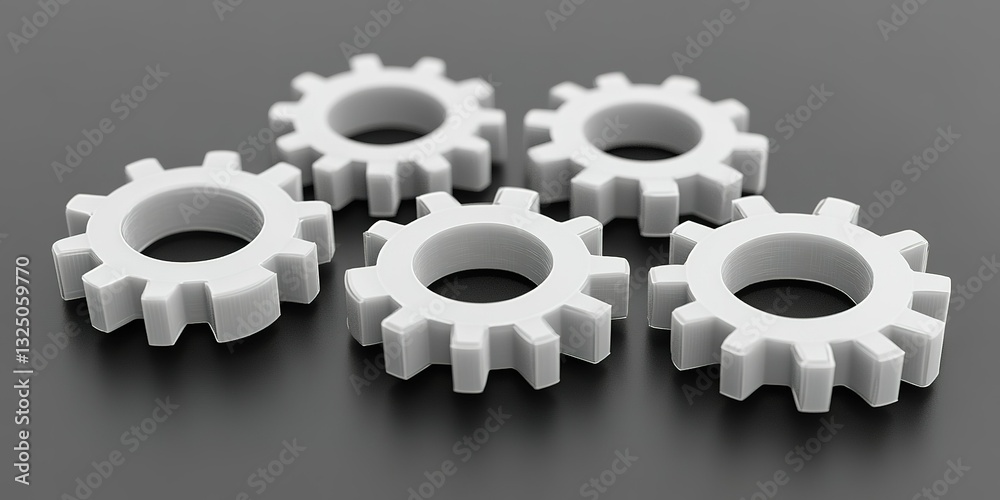 White mechanical gears arranged in an artistic layout on a dark background White mechanical gears arranged in an artistic layout on a dark background