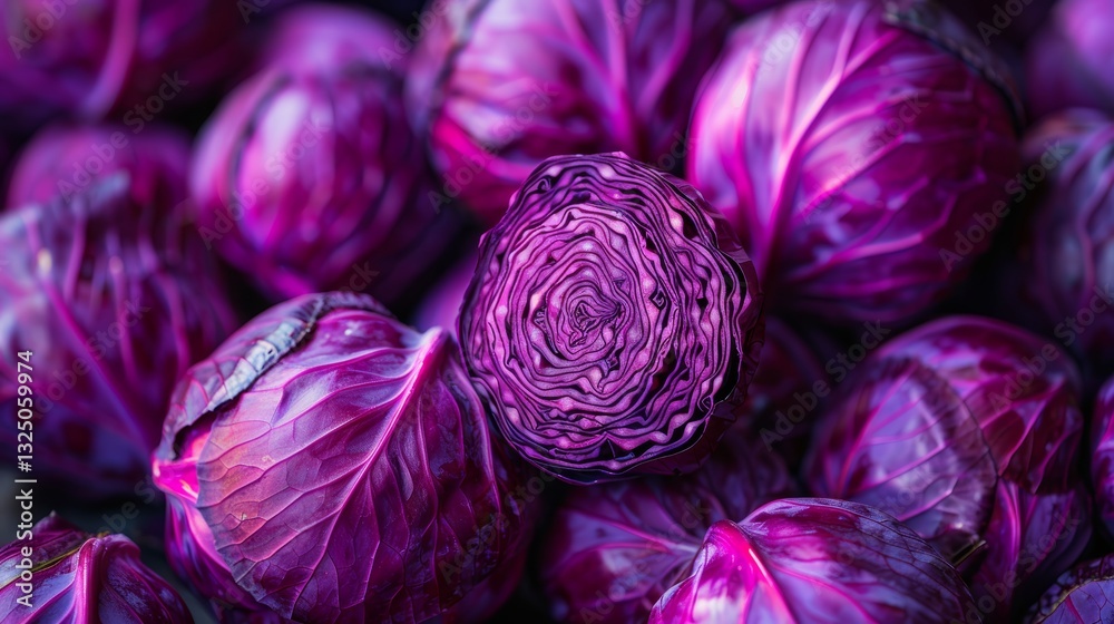 Obraz premium Vibrant Purple Cabbage Heads with Interesting Textured Surfaces in a Closeup View