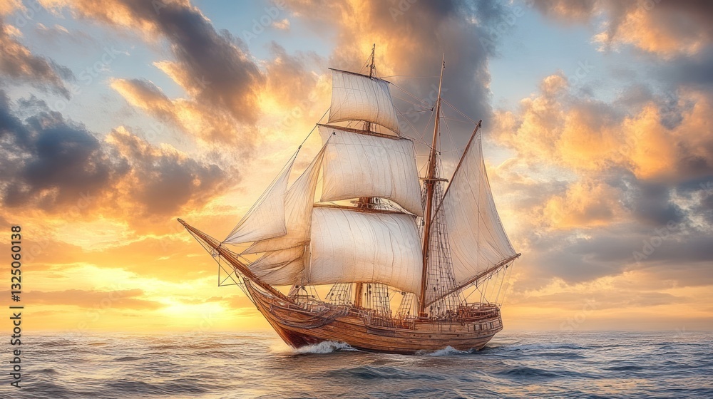 Fototapeta premium A wooden sailboat with white sails, dramatic sky background