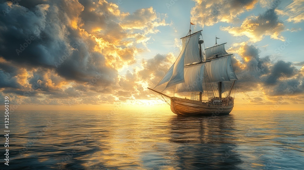 Fototapeta premium A wooden sailboat with white sails, dramatic sky background