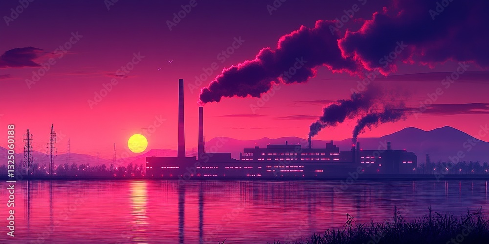 Fototapeta premium Sunset illuminates industrial landscape with smokestacks and calm waters reflecting vibrant colors