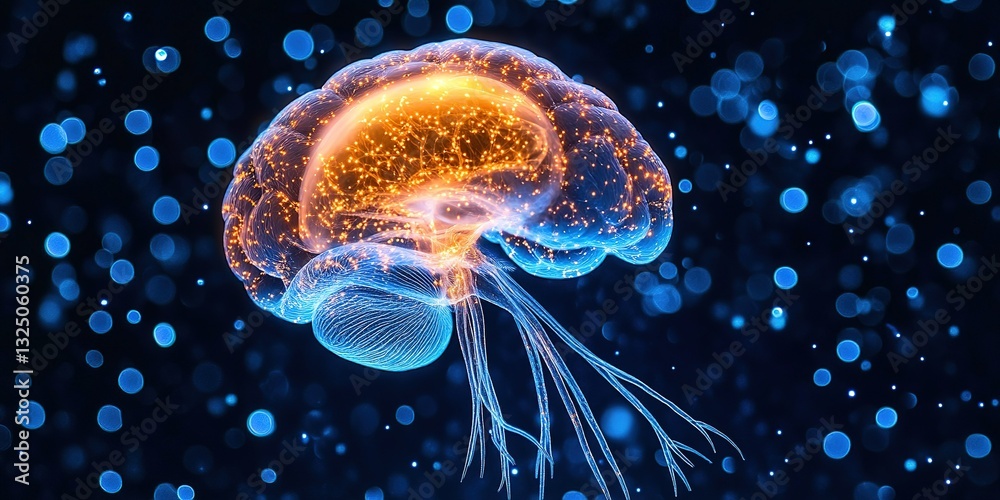 Fototapeta premium Colorful jellyfish with glowing brain floating against a blue bokeh background in a surreal underwater setting