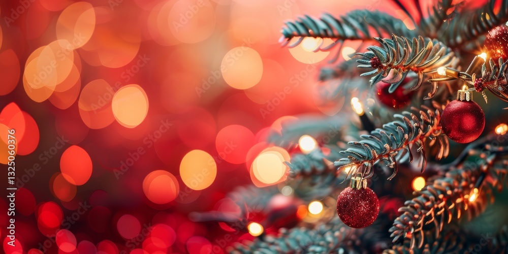 Vibrant Red Background Close Up Details of Decorated Christmas Tree Branch with Colorful Lights and Bulbs Vibrant Red Background Close Up Details of Decorated Christmas Tree Branch with Colorful Lights and Bulbs