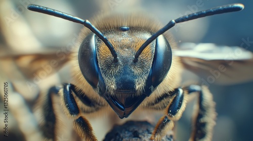 Close-up of a honeybee's face highlighting intricate details and structure
