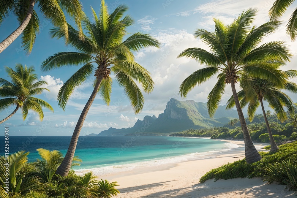 Fototapeta premium Flourishing Palm Trees on a Dreamy Tropical Beach with Azure Bay and Serene Landscapes
