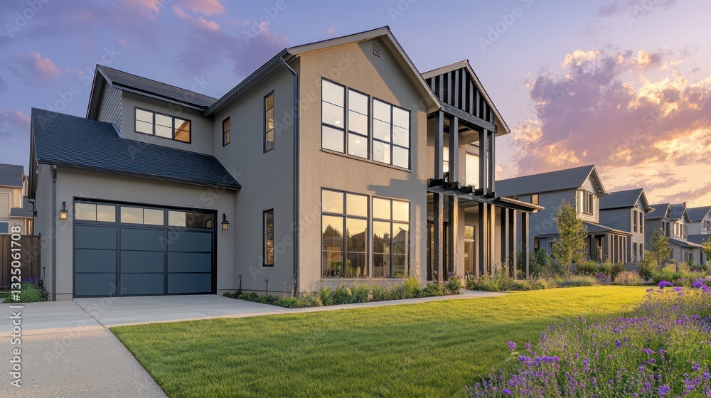 Fototapeta premium A stunning two-story farmhouse with a gray exterior and soft beige trim, featuring large slate windows and extra-tall black wooden beam accents