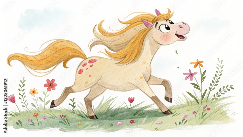 Fototapeta premium Playful Cartoon Pony in a Flower Field