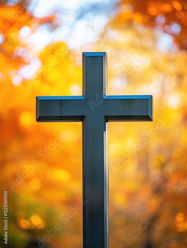 Wallpaper Mural Christian cross statue, beautiful and colorful blurred autumn scene in the background Torontodigital.ca