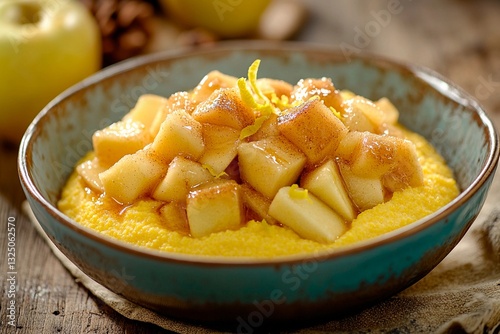 A bowl of creamy corn pudding topped with sweet diced apples and a drizzle of caramel sauce sits on a textured wooden surface, creating a warm and inviting atmosphere