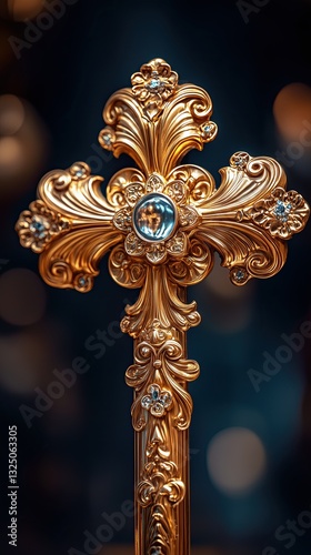 Detailed gold crucifix, A beautifully ornate golden cross design, showcasing intricate details and gemstones, symbolizing faith and devotion.