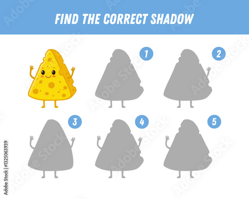 Find correct shadow of cute cartoon cheese. Educational logical game for kids. Vector illustration