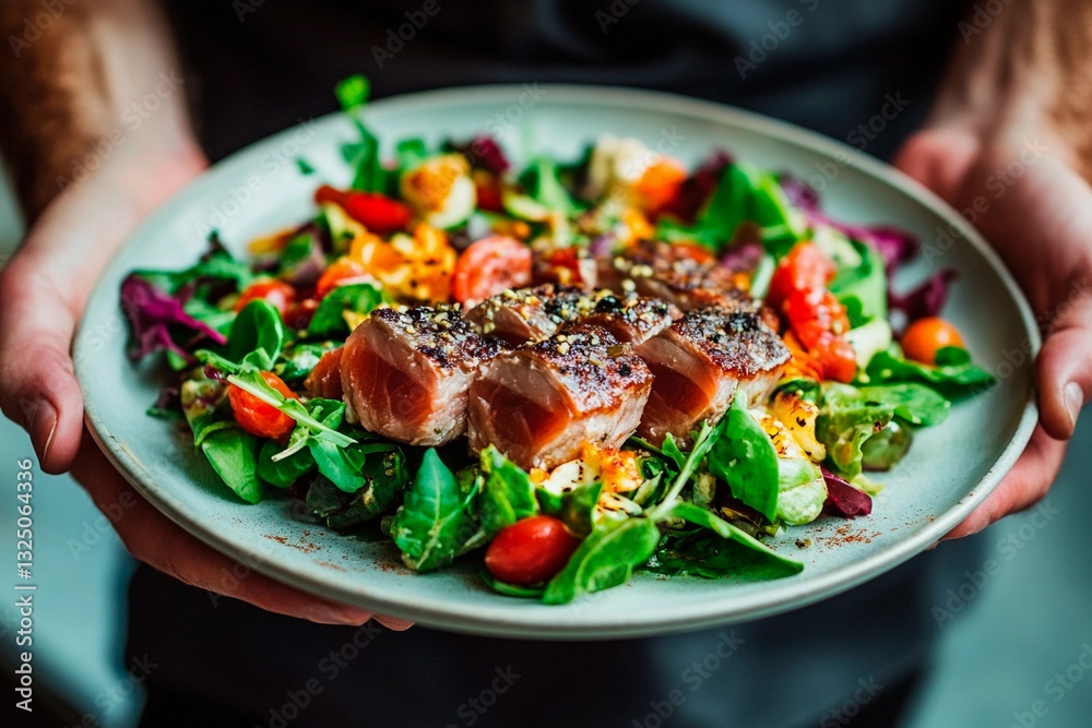 A chef presents a beautifully arranged plate of seared tuna on a bed of fresh greens, cherry tomatoes, and colorful vegetables in a lively restaurant atmosphere at lunchtime A chef presents a beautifully arranged plate of seared tuna on a bed of fresh greens, cherry tomatoes, and colorful vegetables in a lively restaurant atmosphere at lunchtime