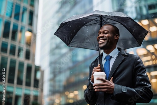 Wallpaper Mural Horizontal image of dark-skinned African entrepreneur walking under dark umbrella along busy street holding cup of coffee in hand, smiling happily as he is watching street and dreaming about future Torontodigital.ca