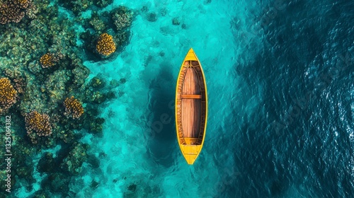 Aerial view of wooden boat on turquoise sea water. Top view