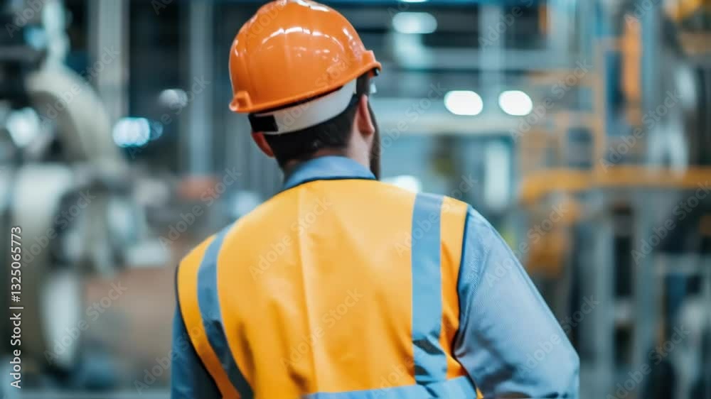 Industrial engineer wearing a hardhat and safety vest is supervising a production line inside a modern factory, ensuring smooth operations and innovative production processes Industrial engineer wearing a hardhat and safety vest is supervising a production line inside a modern factory, ensuring smooth operations and innovative production processes