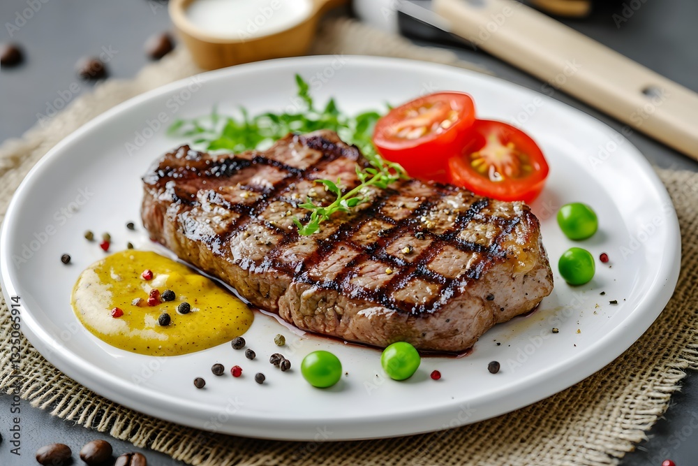 Steak is on a plate with a yellow sauce and a few green beans. The plate is set on a table with a knife and a spoon Steak is on a plate with a yellow sauce and a few green beans. The plate is set on a table with a knife and a spoon