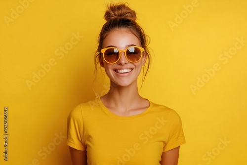 A cheerful woman wearing yellow clothing and matching sunglasses smiles brightly against a yellow backdrop. Generated AI