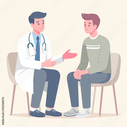 Doctor engaging in a health conversation with a patient in a cozy setting, highlighting healthcare communication, flat illustration
