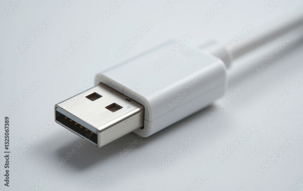 Close-up of Usb Connector, White Cable Detail, Minimal Tech Image Close-up of Usb Connector, White Cable Detail, Minimal Tech Image