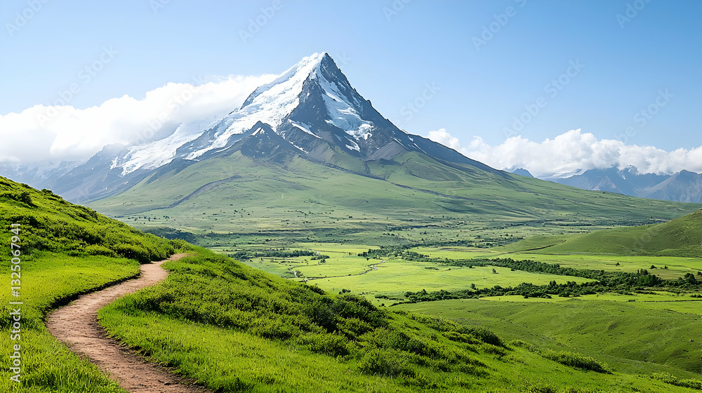 Naklejka premium Scenic Mountain Landscape With Green Meadow And Hiking Trail Under Blue Sky