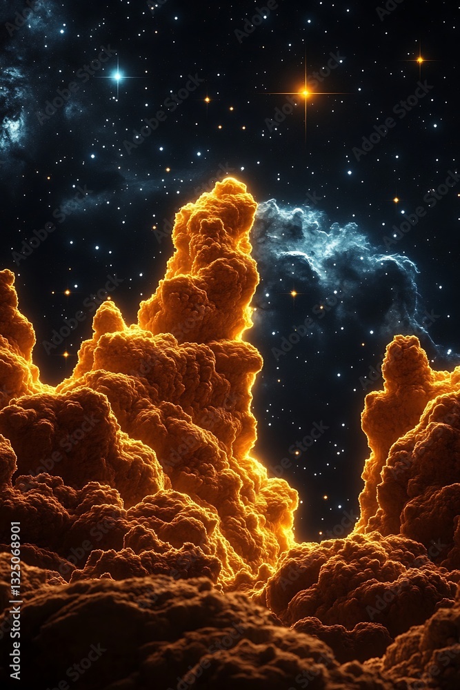 Fototapeta premium Otherworldly Peaks: A Golden Landscape Under a Starry Sky Scenery